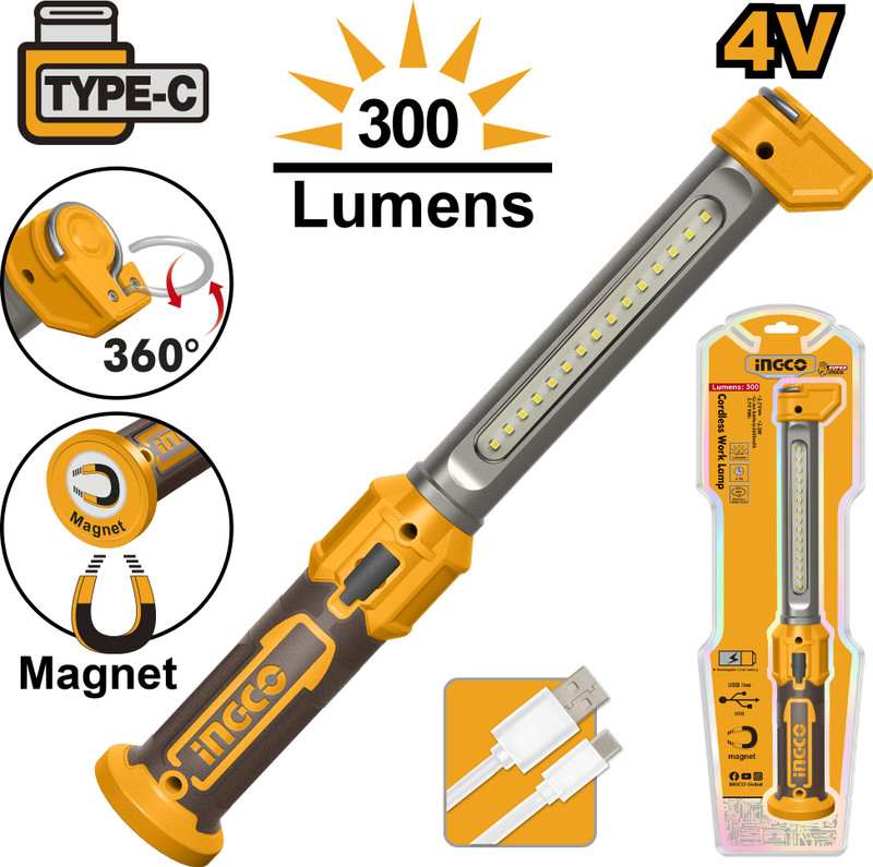INGCO 4v Cordless work lamp Night Lamp(8 cm, Yellow, Brown)