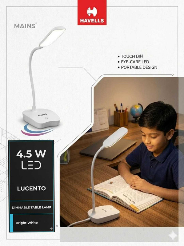 HAVELLS LUCENTO 4.5 W LED DIMMABLE RECHARGE TABLE LAMP Study Lamp(18 cm, White)