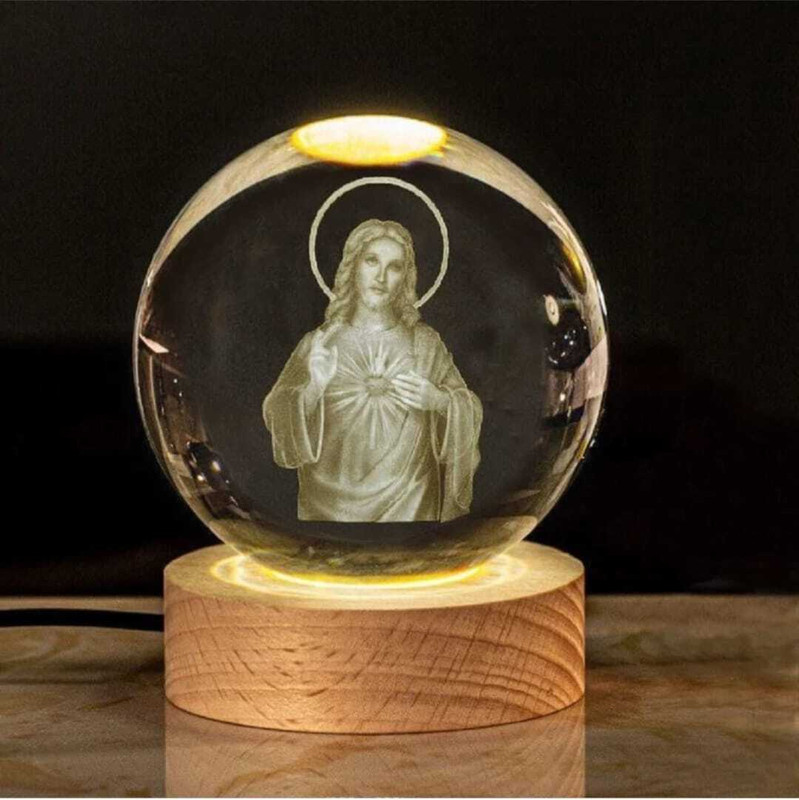 starStore 3D Engraved Sacred Heart of Jesus Crystal Ball USB Lamp Night Lamp(9 cm, Multicolor)