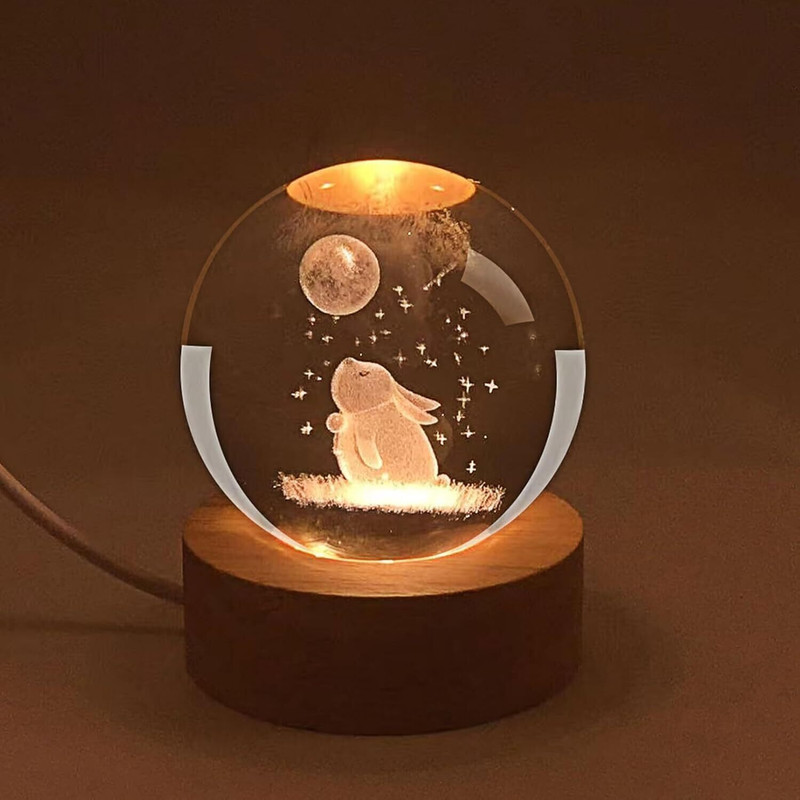 SHOPOGENIX Moon Rabbit Crystal Ball 2.4" Glass Globe with LED Wooden Base Table Lamp Night Lamp(8 cm, Yellow Color)
