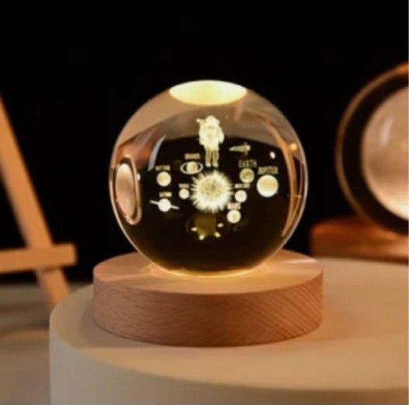 NITYA 3D Solar System Crystal Ball Night Light with Wooden LED Base – Decorative Glass Night Lamp(5 cm, White)