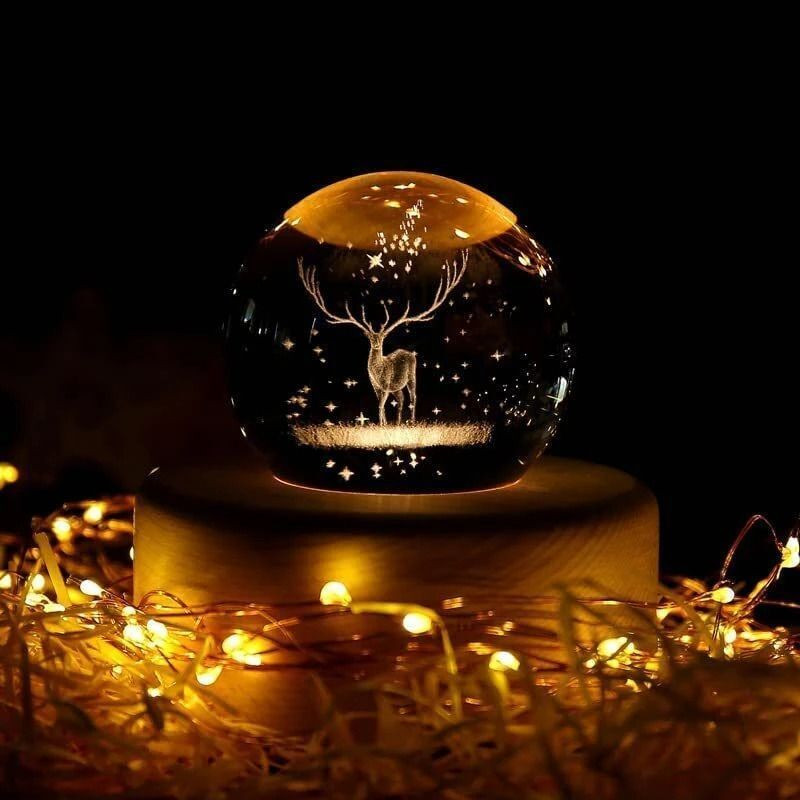 ENTRYZONE 3D deer lamp creative crystal ball night light USB LED Wooden Home Office Night Lamp(8 cm, wooden)