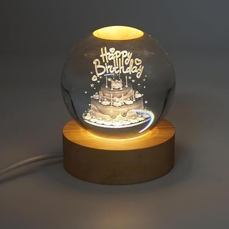 MSNB Happy Birthday 3D Crystal Ball | Galaxy Ball Night Lamp | Crystal Galaxy Light Night Lamp(8 cm, Warm Golden Yellow)