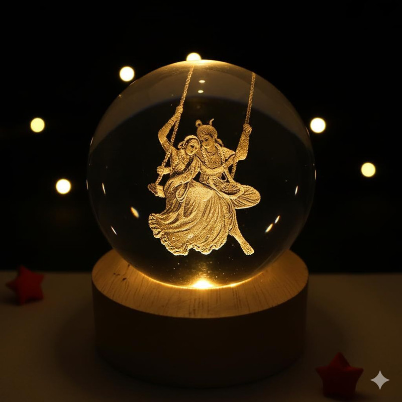 poksi 3D Radha Krishna Crystal Night Lamp with LED Wooden Base| Night Lamp(6 cm, Yellow)