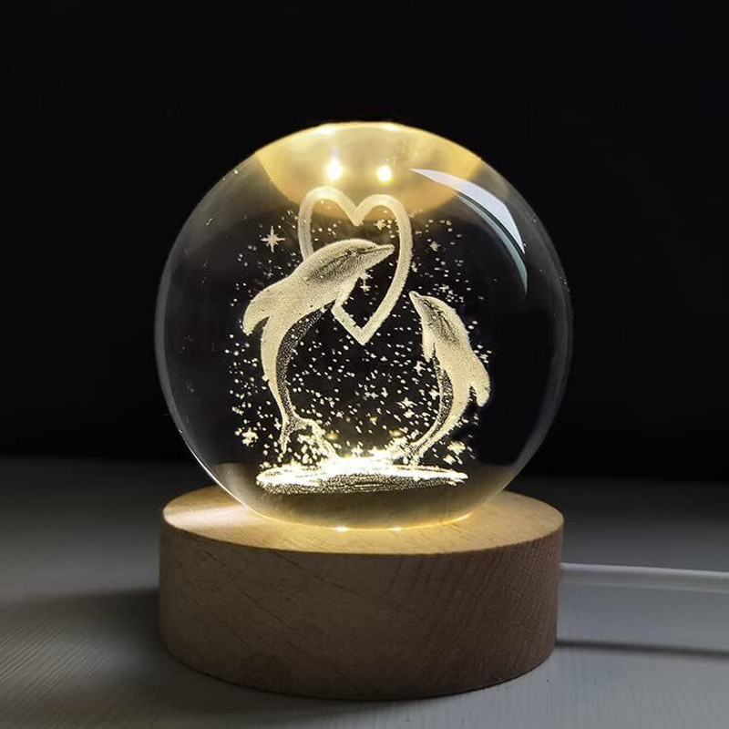 SHOPOGENIX Heart Dolphins Crystal Ball 2.4 inch 3D Galaxy Ball lamp USB LED Wooden Base Night Lamp(7 cm, Yellow)