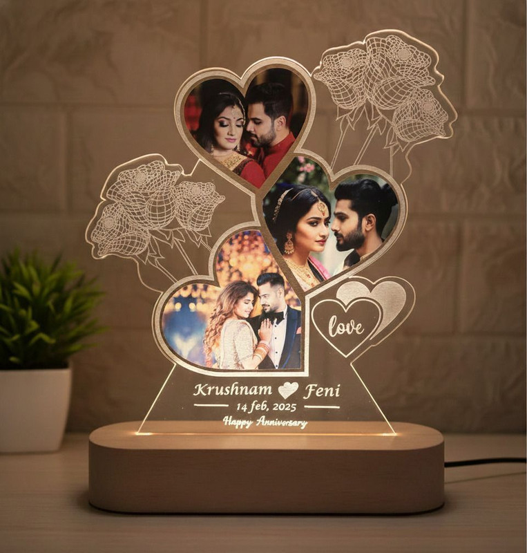 Shayona Customized LED Lamp with Name & Date Heart-Shaped Design with Roses Anniversary Table Lamp(22 cm, Multicolor)