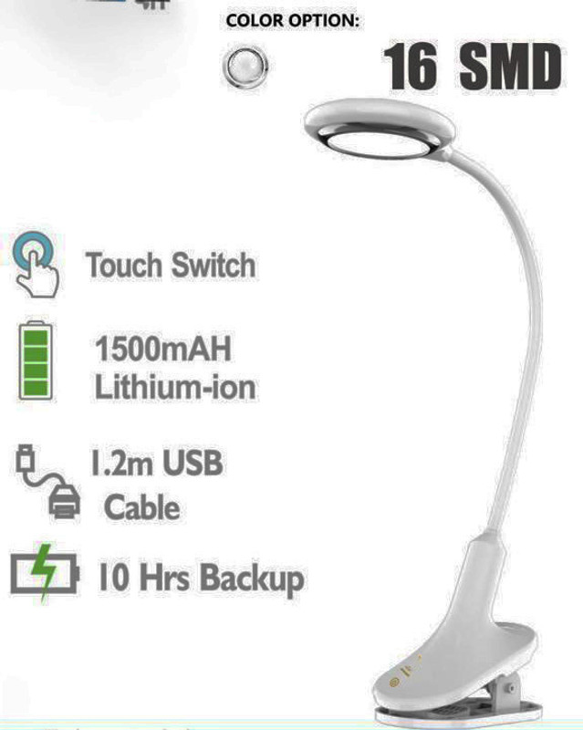 FIRSTLIKE Rechargeable, 360 Degree Flexible, Touch Switch Table Lamp With Table Clip Table Lamp(30 cm, White)
