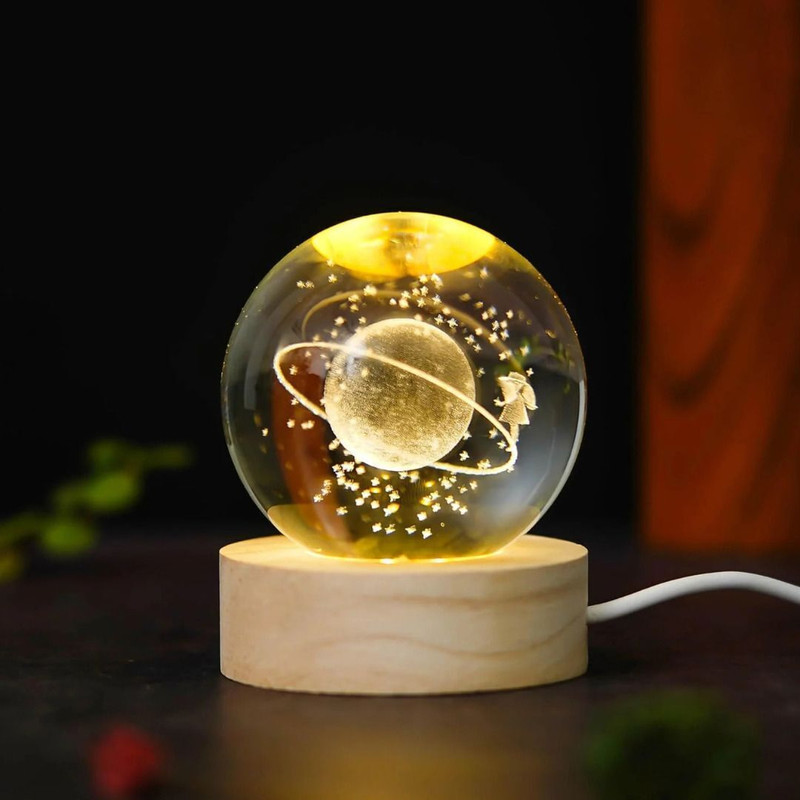 Presentkart 3D Crystal Planet LED Night Lamp with Wooden Base Night Lamp(9 cm, transparent)