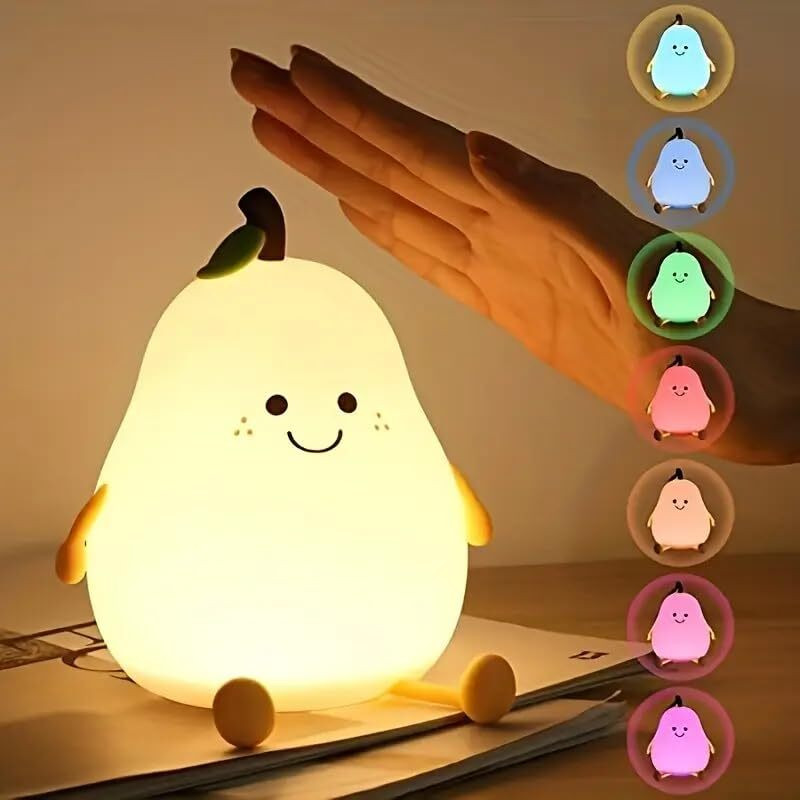 Aubade Silicone Pear Night Lamp, Touch Control Color-Changing LED Light with 7 Colors Night Lamp(15 cm, White)