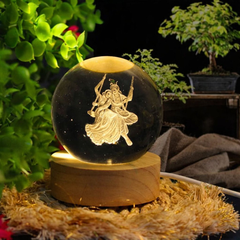 YCVARIYAENTERPRISE 3D Radha Krishna Crystal Night Lamp with LED Wooden Basel Table Lamp(6 cm, Yellow)