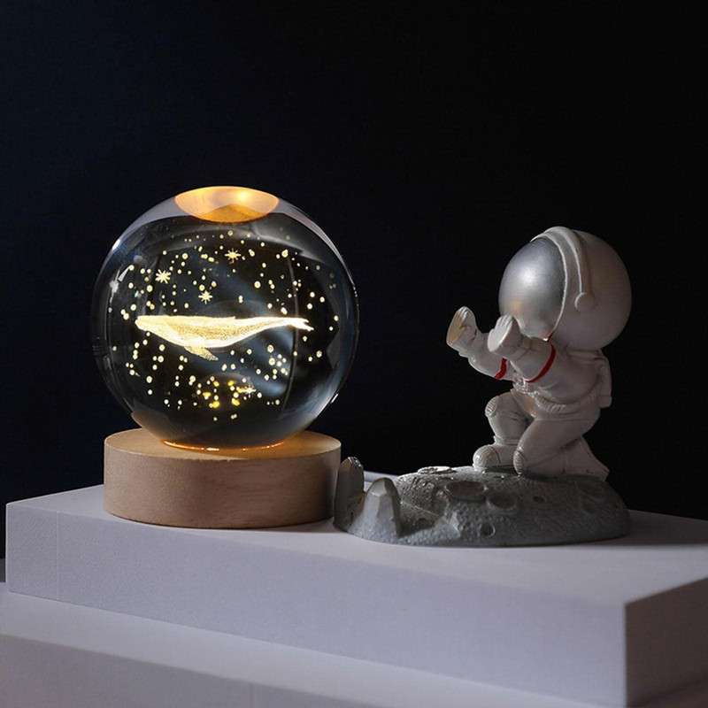 Wengonvila 3D Space Whale Planet Crystal Ball Night Light Ball with Wooden Base Night Lamp Study Lamp(8 cm, Yellow)