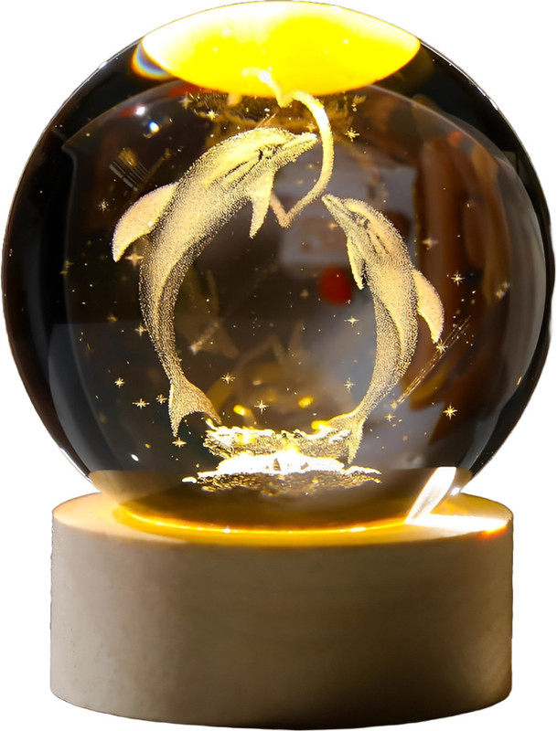 STARKENDY 3D Night Table Study Lamp With Wooden Base & USB Cable Switch, Party Decoration Night Lamp(6.5 cm, CLEAR, Dolphin Crystal Ball)
