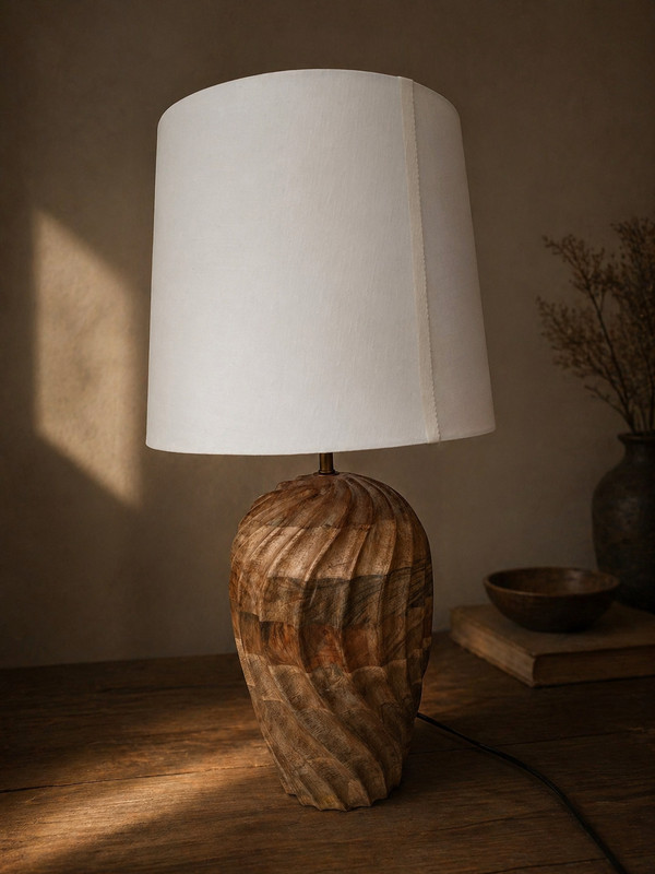 Bombay Moon Wood Swirl Lamp – Hand-turned Wooden Table Lamp Table Lamp(39 cm, Brown, White)