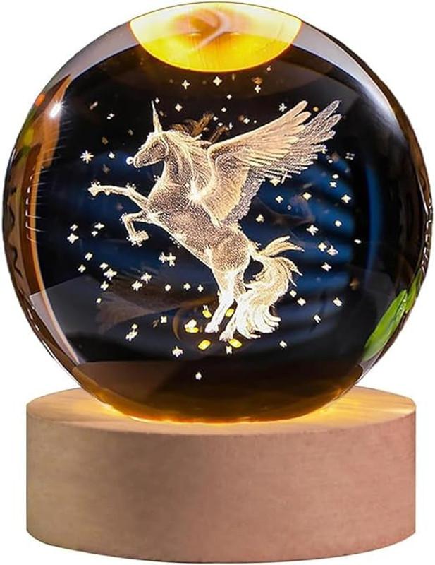 Benedict 3D Unicorn Horse Crystal Ball with LED Light Base | Glass Sphere Globe Lamp Night Lamp(6 cm, Unicorn Horse)