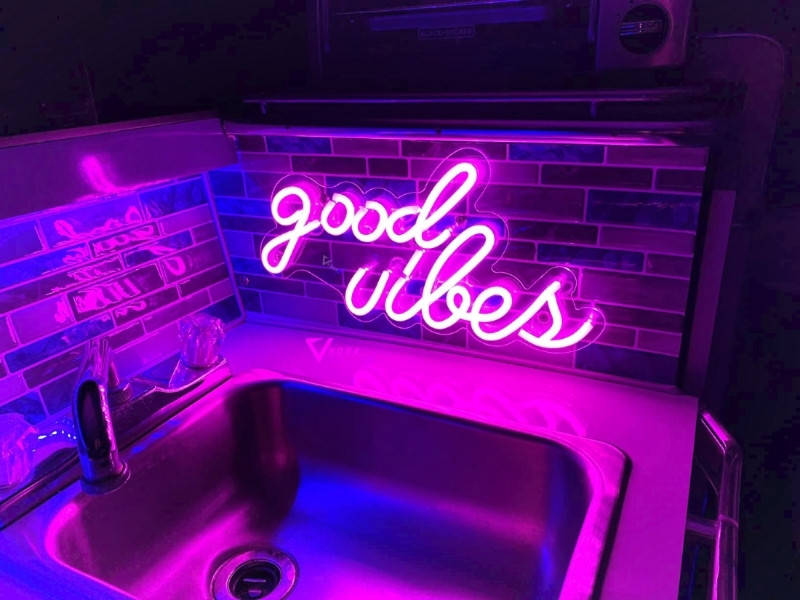 VNDRA Good Vibes Neon Sign for Bedroom Wall Decor Powered by Adapter, (B-18 xL-30)CM. Night Lamp(3 cm, Purple)