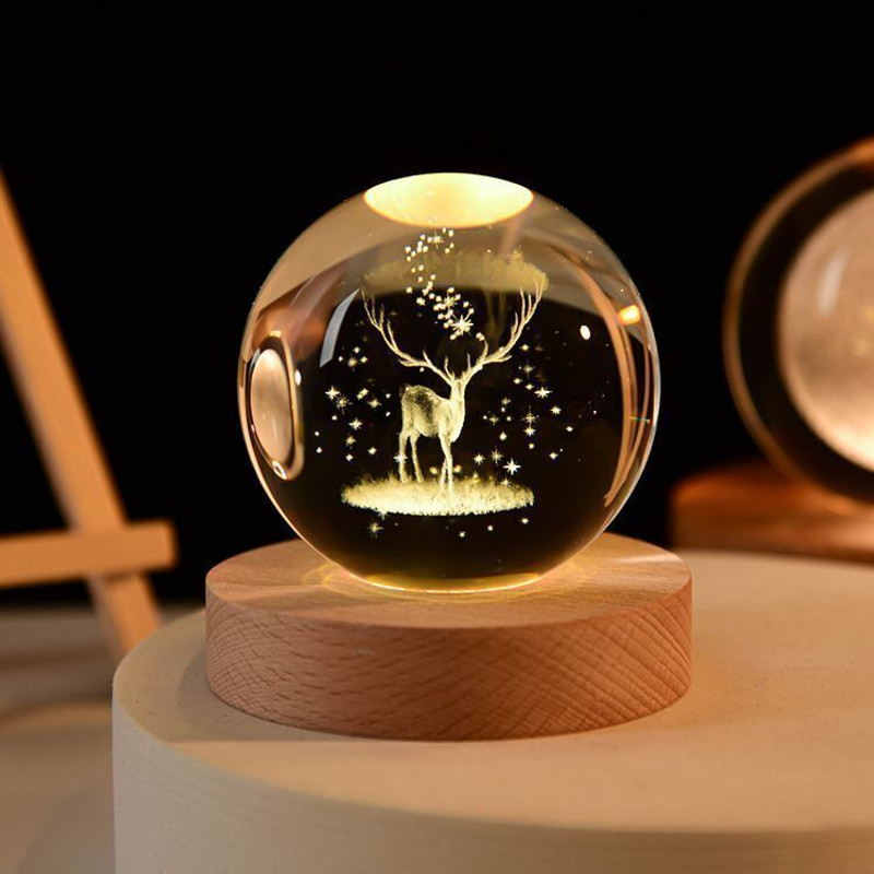 EBLOOMING 3D Deer Crystal Ball Night Lamp with Base for Living Room, decoration Night Lamp(6 cm, Transparent 5)