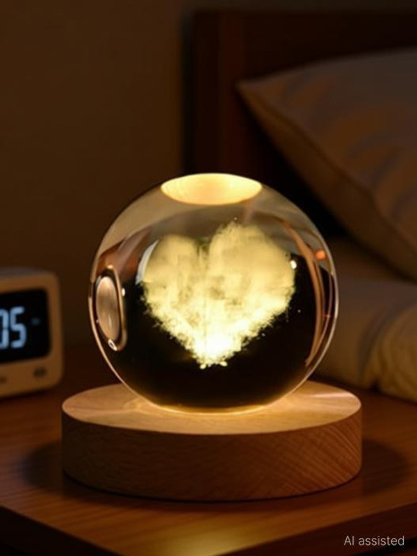 SHOPOGENIX Engraved Heart 3D Crystal Ball Lamp Wiith LED Wood Base Decorative Gift Night Lamp(7 cm, Yellow)
