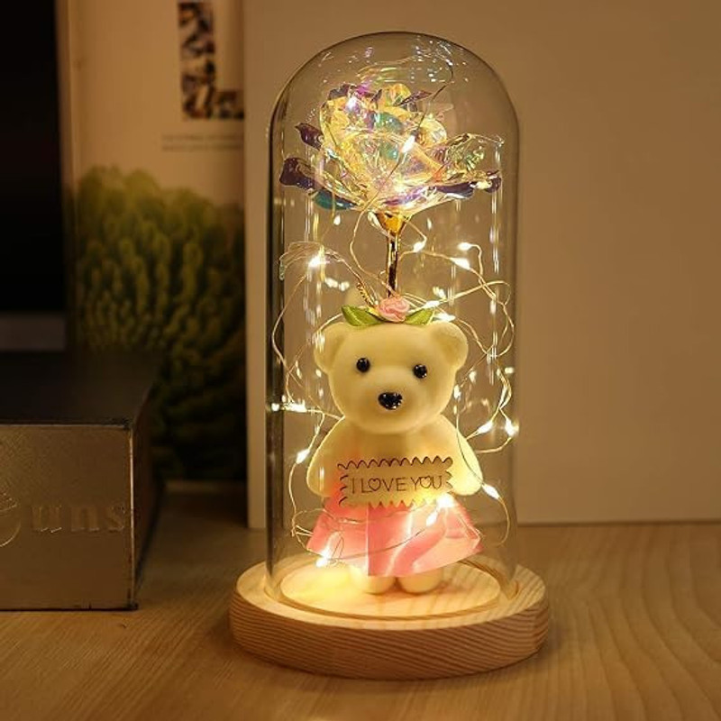 Dwiza Enterprise Artificial Teddy Bear in Glass Dome,Rose Light Up Flower, Personalized Gift Night Lamp(22.35 cm, Clear & Yellow)