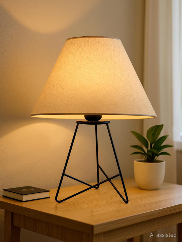 Glowhere Retro Matt Black Wire Table Lamp, Khadi Cone Shade for Living Room & Home Décor Table Lamp(34.7 cm, White)