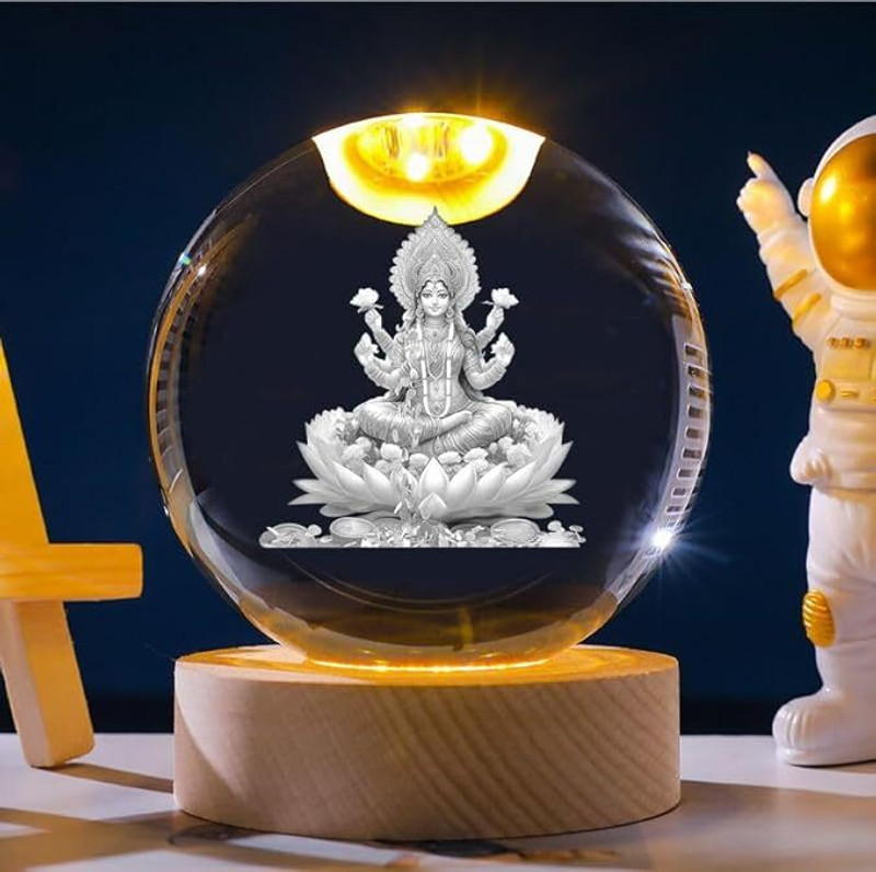 tegan 3D Crystal Ball USB Night Lamp | LED Wooden Base Crystal Ball for Decoration Night Lamp(8 cm, GODDESS LAXMI)