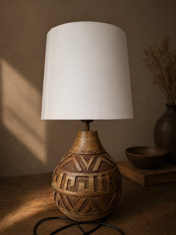 Bombay Moon Aztec Glow Lamp Hand Carved Wooden Table Lamp with Geometric Pattern and Fabric Table Lamp(35 cm, Brown, White)
