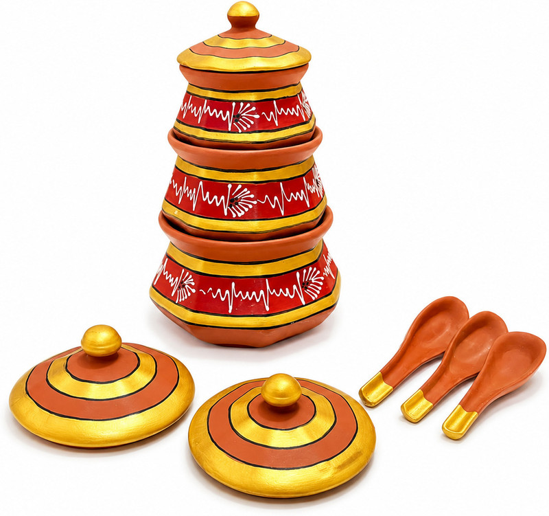 Aaravi lifestyle Classic Red Gold Clay Handi Tagine(Gold, Red)
