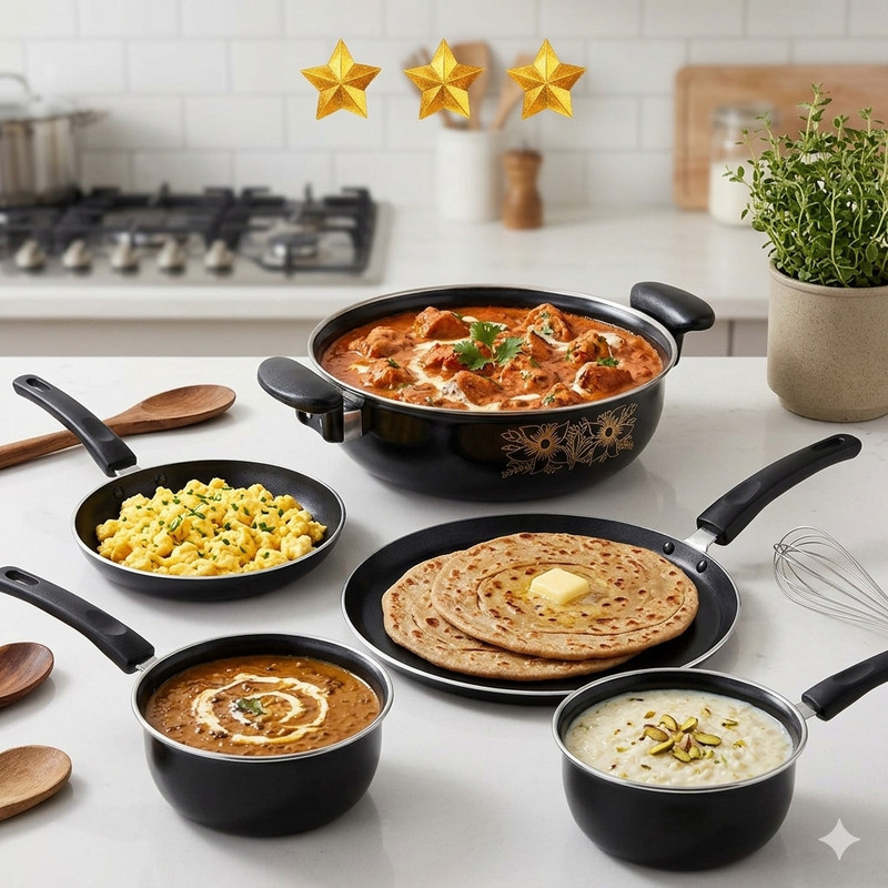 Jainpet Pcs: Karahi, Fry Pan, Tawa, Sauce & Tadka Pan Tagine(Black)