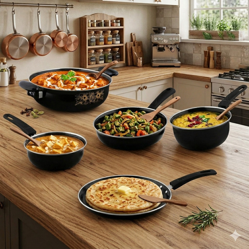 Jainpet The Aesthetic Kitchen Collection: 5-Piece Floral Non-Stick Suite Tagine(Black)
