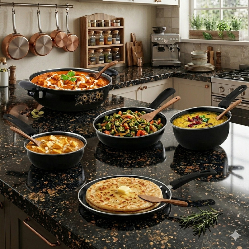 Jainpet 5-Piece Kitchenware with Gold Detailing Tagine(Black)
