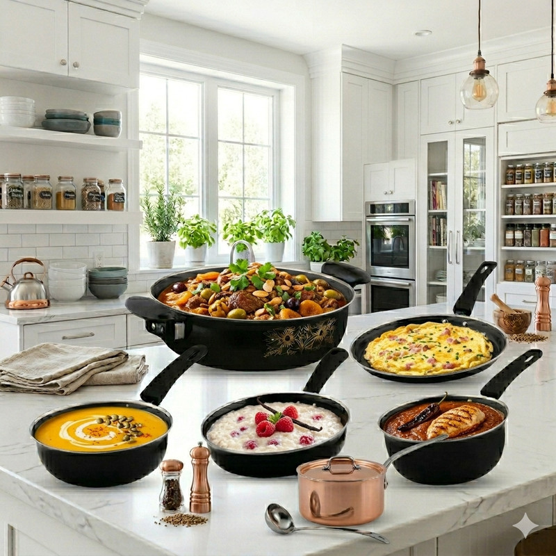 Jainpet 5-Pc Cookware Set - Sleek Black Finish with Floral Accents Tagine(Black)