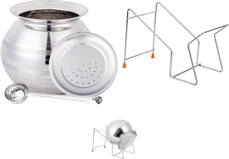THANGAM Thangam Stainless Steel Pongal Pot with Rice Stainer,Vadi Plate &Ladle(4PCS SET) Tagine(Silver)