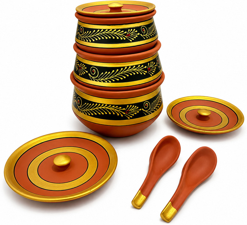 Aaravi lifestyle Royal Handcrafted Terracotta Storage Matki Set of 3 with Lids & Spoons Tagine(Brown, Gold)