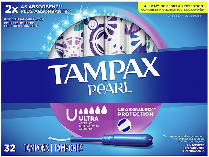 Tampax Pearl Tampons, Ultra Absorbency, with Leakguard Braid, Unscented, 45 Count Tampons