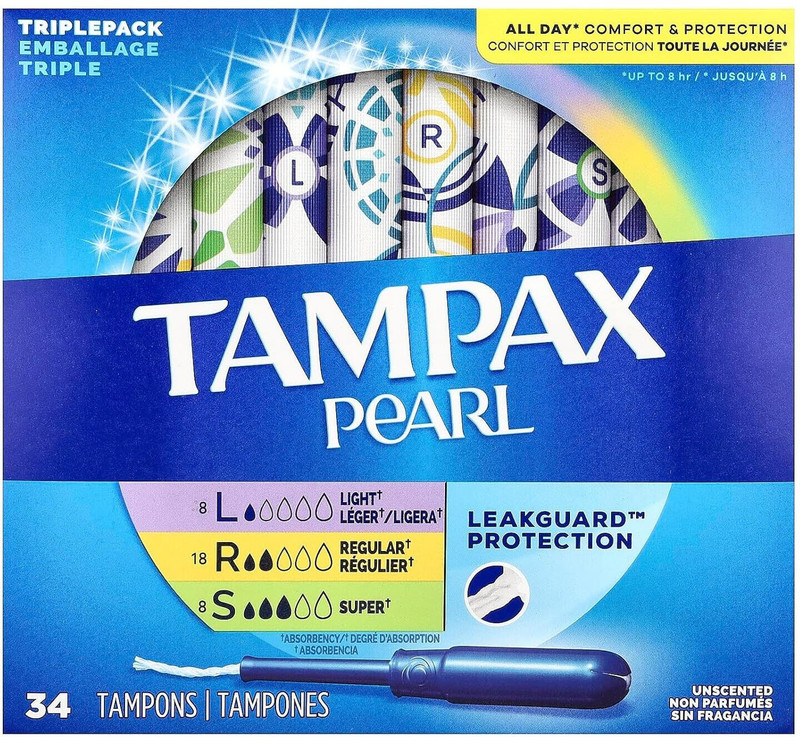 Tampax Pearl Triple Unscented Plastic Tampon Variety Pack, 34 Count Tampons