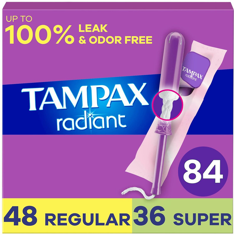 Tampax Radiant Tampons, Regular/Super Absorbency, with Leakguard Braid, 84 Count Tampons