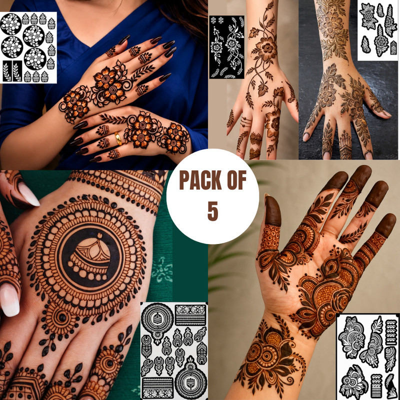 NUSAYBAH PACK OF 5 HENNA STENCIL FOR WOMENS , BRIDAL STENCIL FOR GIRLS Temporary Tattoo Kit