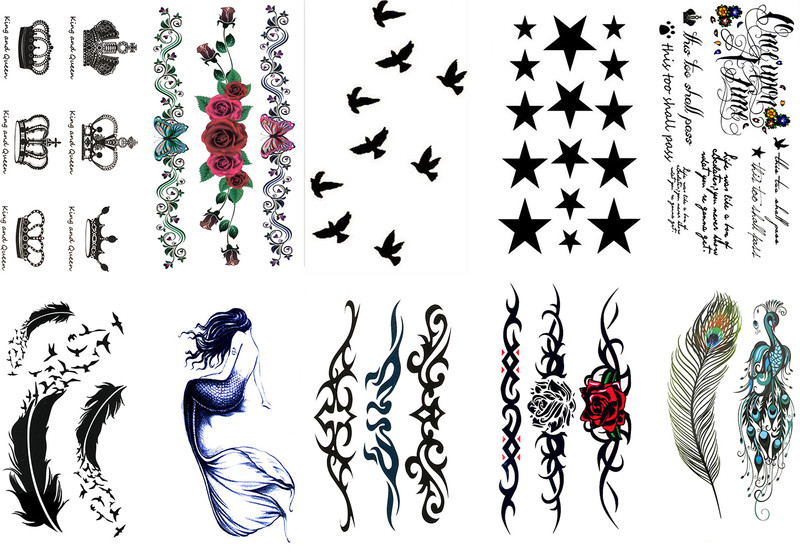 S.A.V.I Pack of 10 Waterproof Temporary Tattoo Stickers(Birds, Stars, Feathers, Crown, Peacock, Roses, Wrist Band, Mermaid, Text)