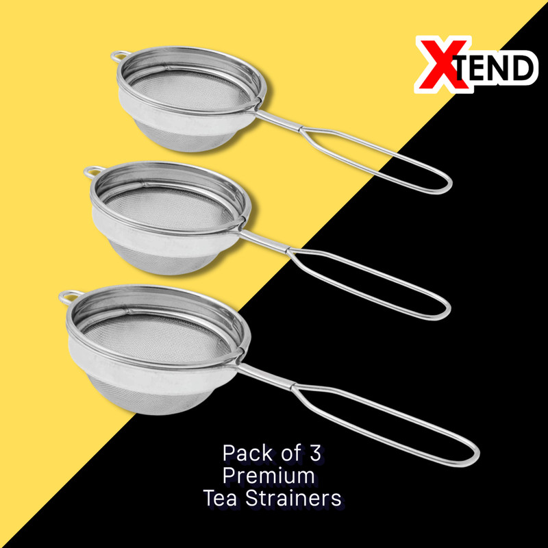Xtend Stainless Steel Fine Mesh, Long Handle, 7cm 8cm 9cm Tea Strainer(Pack of 3)
