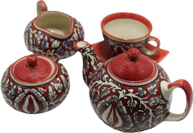Mirakii Ceramic Handmade Blue Printed Tea Set of 9 Pieces, Made in India, Set of 2 Tea Cup and Coaster with Tea, Milk and Sugar Pot Tea Urn(475 ml)