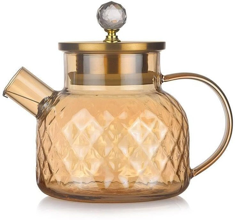 JOSSYFY Diamond-Cut Borosilicate Glass Teapot with Golden Lid & Crystal Knob Tea Urn(1000 ml)
