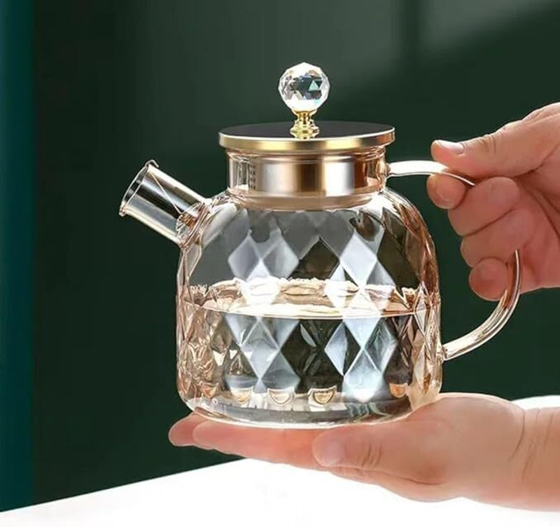 keya Amber Diamond Glass Teapot with Gold Lid & Infuser Tea Urn(1 L)