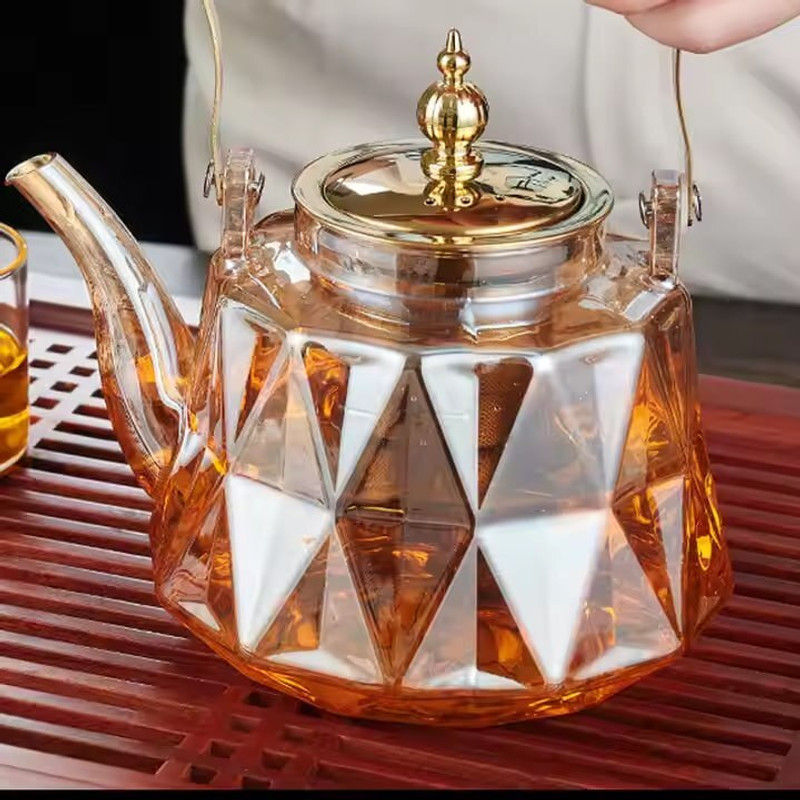 Himannhome Diamond Cut Glass Teapot with Golden Stainless Steel Infuser & Handle Tea Urn(1000 ml)