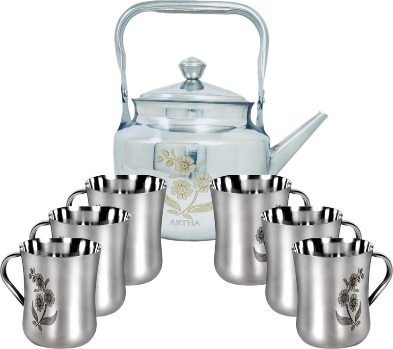 Artha SS Tea Kettle & 6 Piece Of Cups Mirror Polished And Laser Printed Kettle Cup Set Tea Urn(1250 ml)