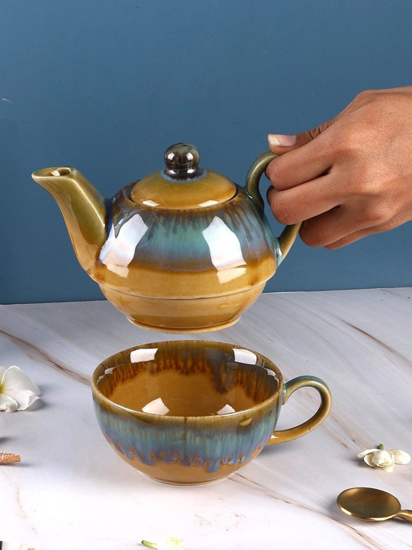 Khurja Ceramic Tea Pot with Cup | Microwave Safe Single Tea Pot Kettle Set with 1 Cup Tea Urn(350 ml)