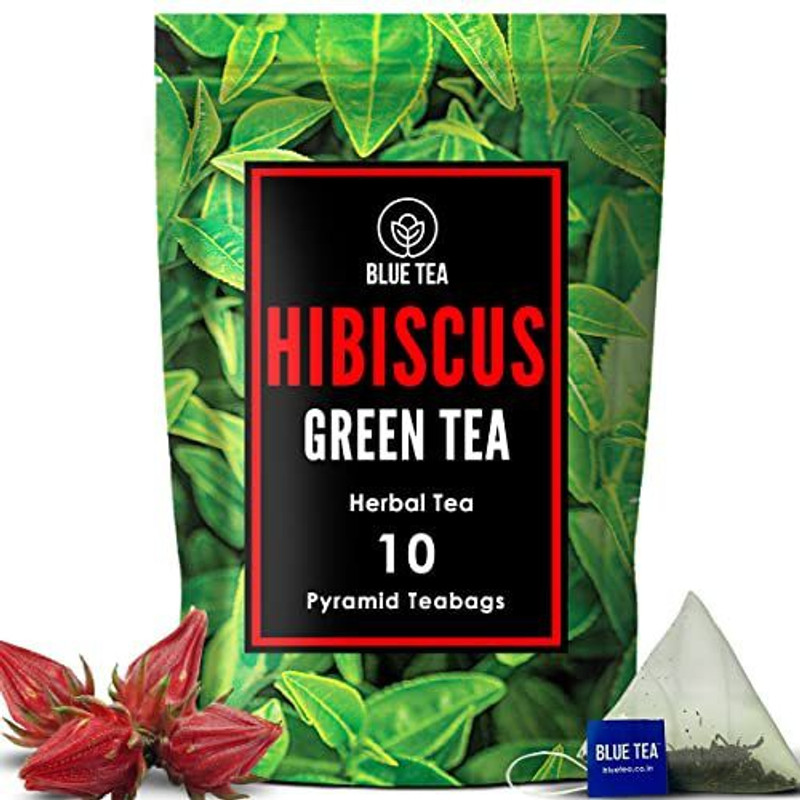 BLUE TEA Hibiscus Green Tea | 10 Premium Pyramid Tea Bags Hibiscus Herbal Tea Pouch (40 g)