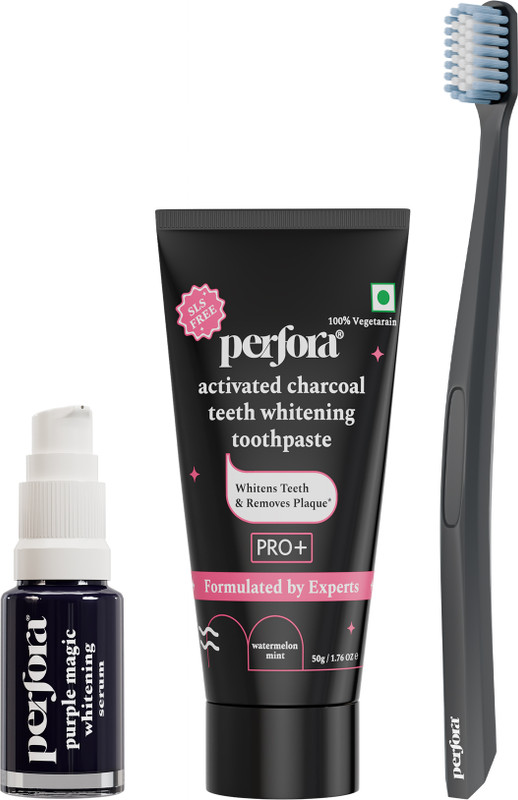 Perfora Charcoal Glow - Activated Charcoal Toothpaste, Purple Serum & Black Toothbrush Teeth Whitening Kit