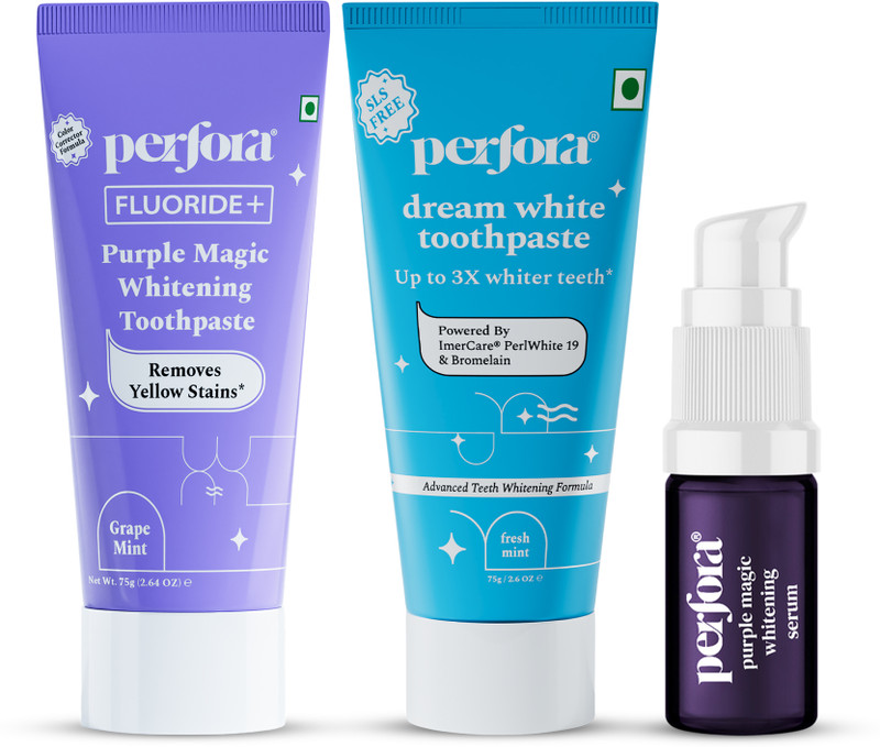Perfora Dream White, Purple Toothpaste and Purple Serum Combo - Enamel Safe Oral Care Teeth Whitening Kit