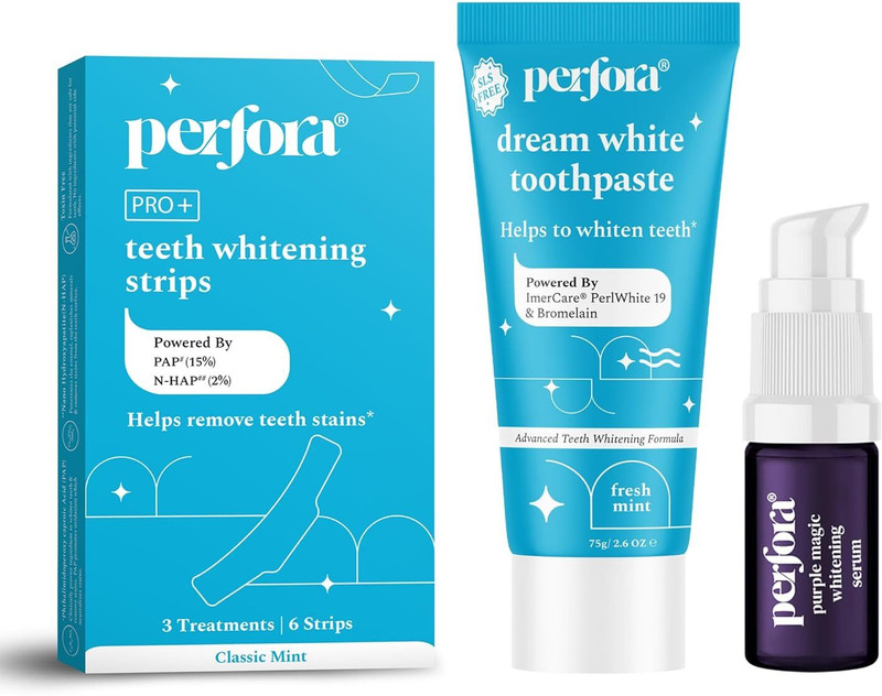 Perfora Teeth Whitening Strips, Purple Serum & Dream White Toothpaste, Safe & Effective Teeth Whitening Kit