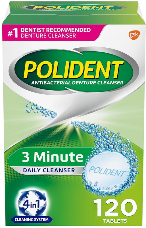Polident 3 Minute Triple Mint Antibacterial Denture Cleanser Effervescent- 120 Tablets Teeth Whitening liquid(400 ml)