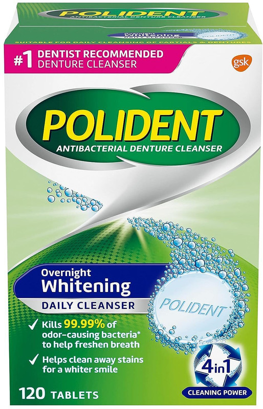 Polident Antibacterial Overnight Denture Cleanser Triplemint - 120 Tablets Teeth Whitening liquid(340 ml)